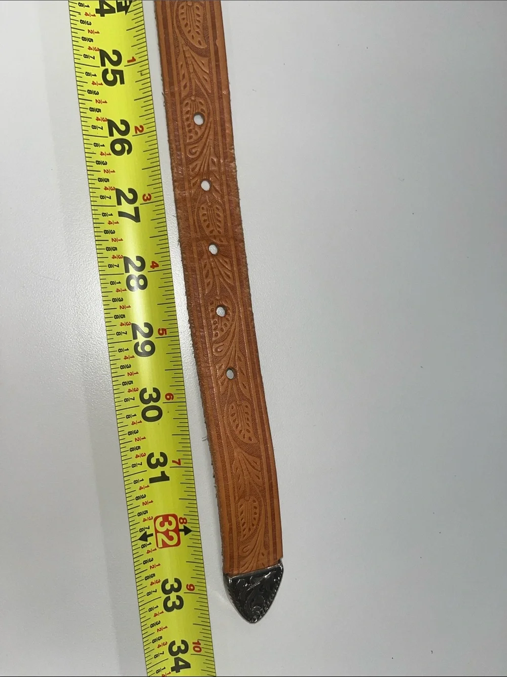 Source Unknown Tooled Leather Belt - Tan with Silver Tone Hardware